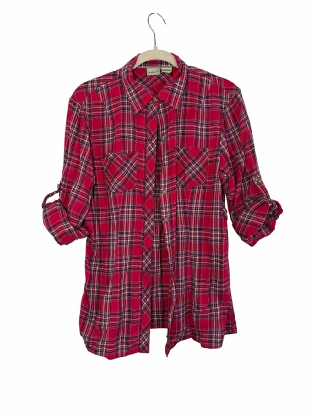 L.L.Bean Red Plaid Cotton Shirt Lagen Look Roll Tab Sleeve Size Small Pockets